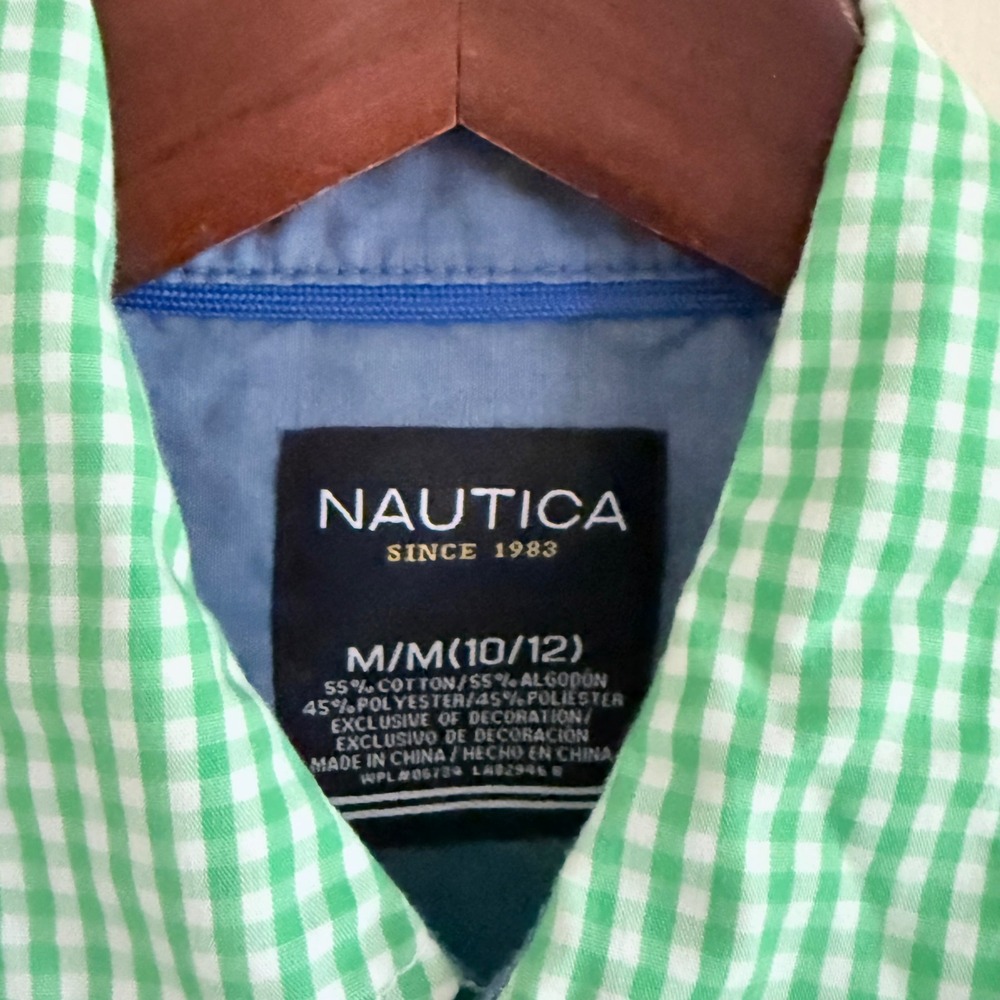 Nautica Boys Green White Gingham Check Long Sleeve Button Down Shirt Sz M 10/12 - Picture 4 of 5